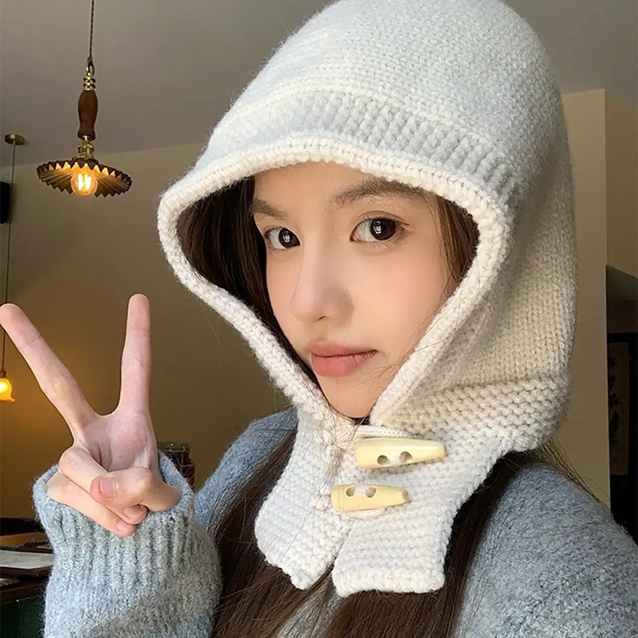 Winter Balaclava Hat for Women Korean Cow Horn Buckle Knitted Scarf Cap Outdoor Neck Cold Proof Warm Ear Protection Beanies
