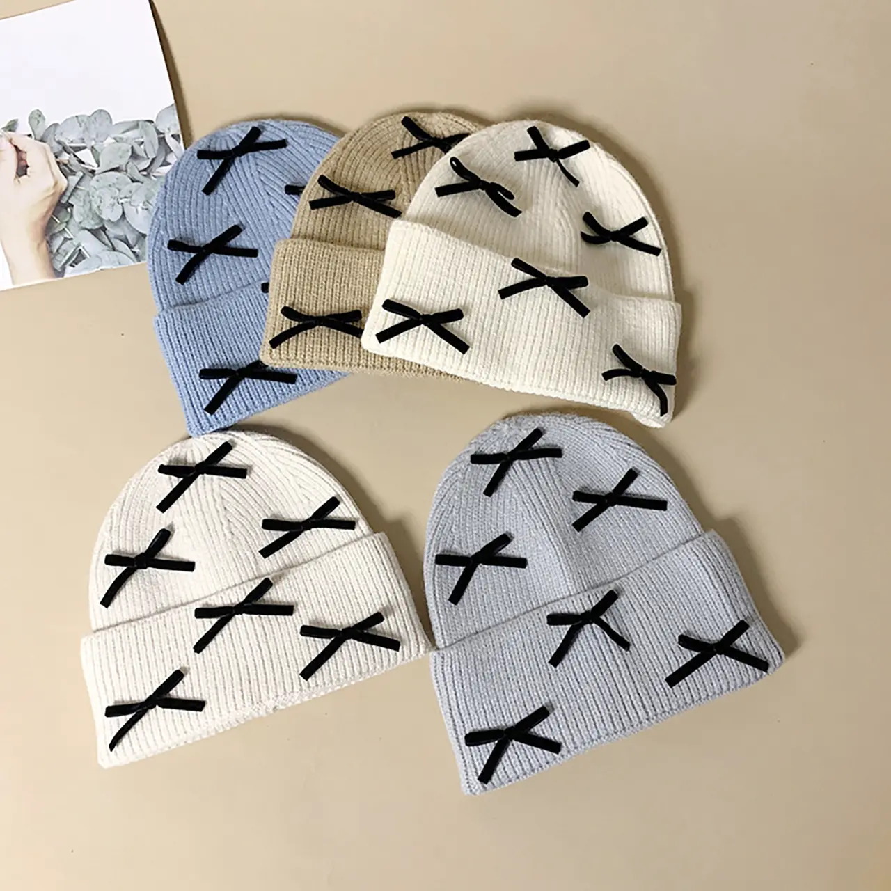 Y2K Bowknot Beanie Cap for Women Autumn Winter Warm Knit Hat Korean Solid Color Woolen Pullover Cap Girls Skullcap