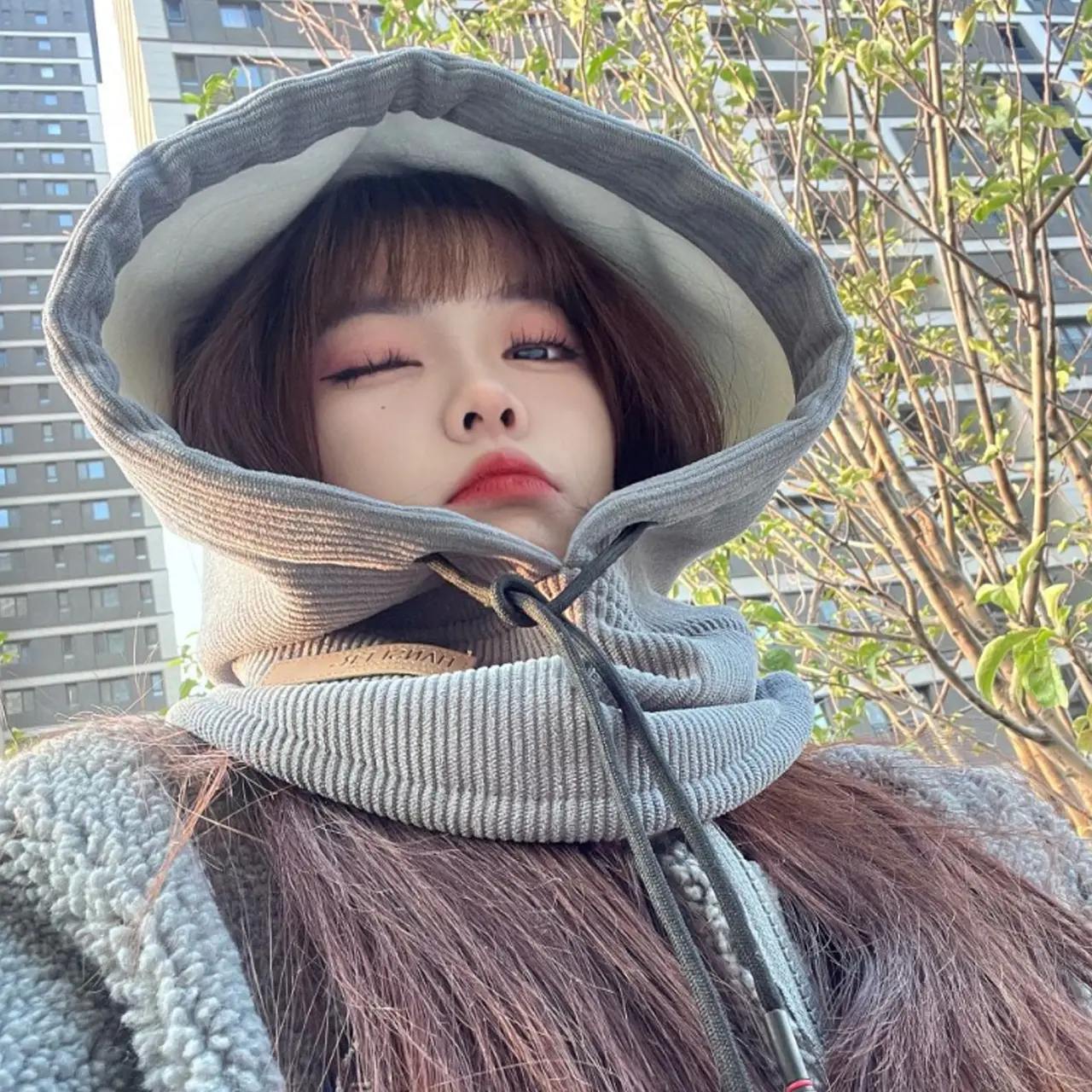 Winter Warm Knitted Balaclava Hat for Women Floral Design Hooded Beanies  3-in-1 Mask Neck Warmer Cycling Caps