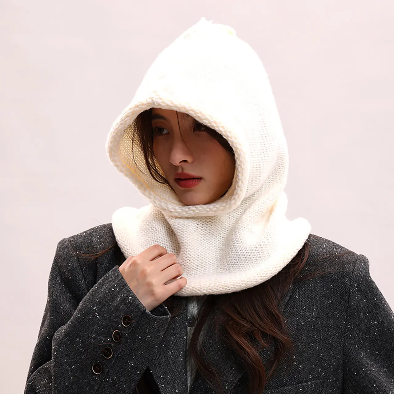 Korean Balaclava Hat for Women Winter Warm Knit Hooded Scarf Cap Outdoor Thermal One Piece Ear Protection Beanies