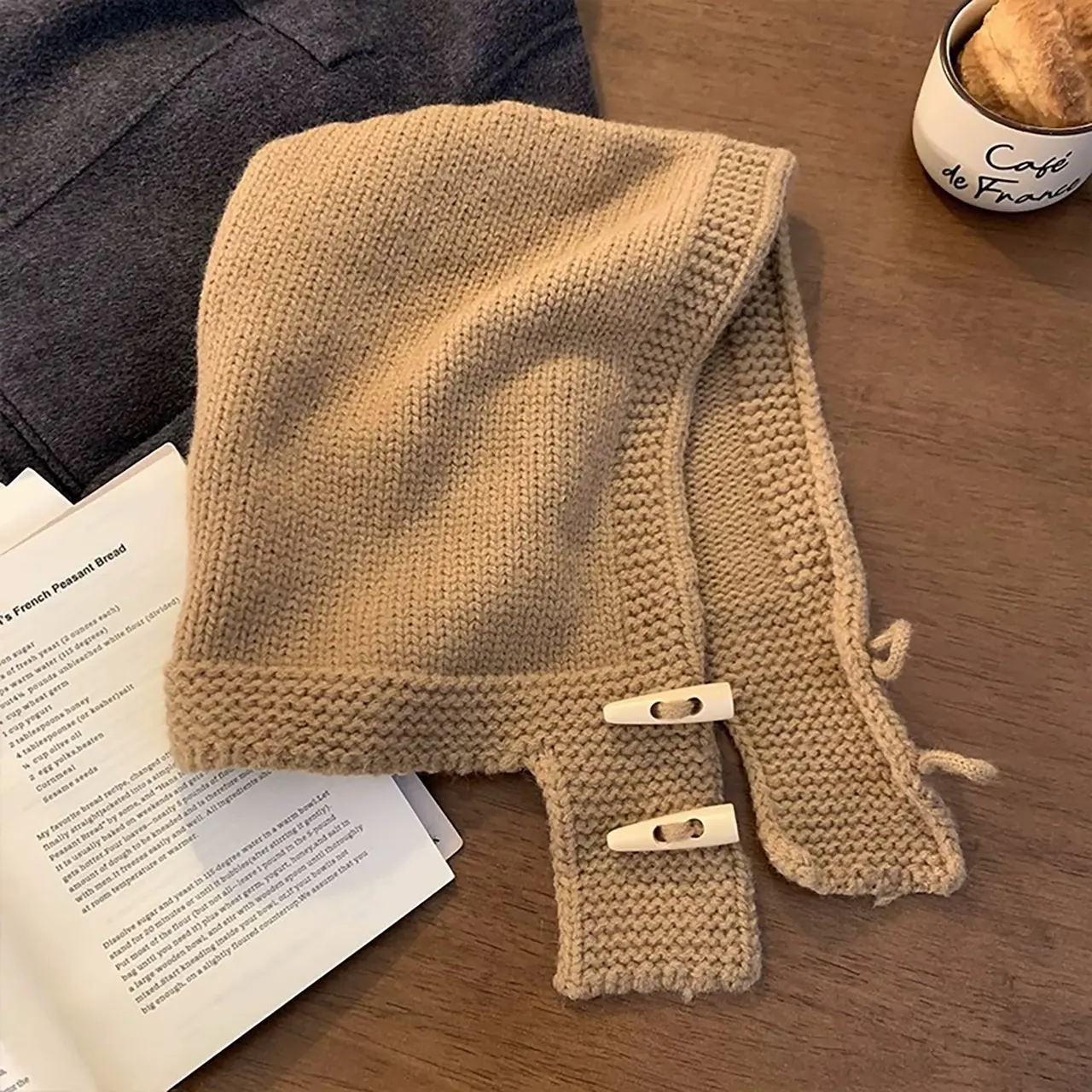 Winter Balaclava Hat for Women Korean Cow Horn Buckle Knitted Scarf Cap Outdoor Neck Cold Proof Warm Ear Protection Beanies