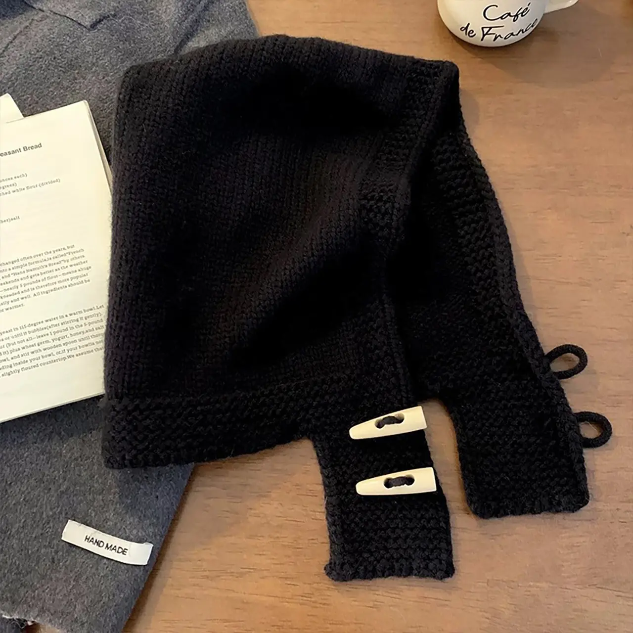 Winter Balaclava Hat for Women Korean Cow Horn Buckle Knitted Scarf Cap Outdoor Neck Cold Proof Warm Ear Protection Beanies
