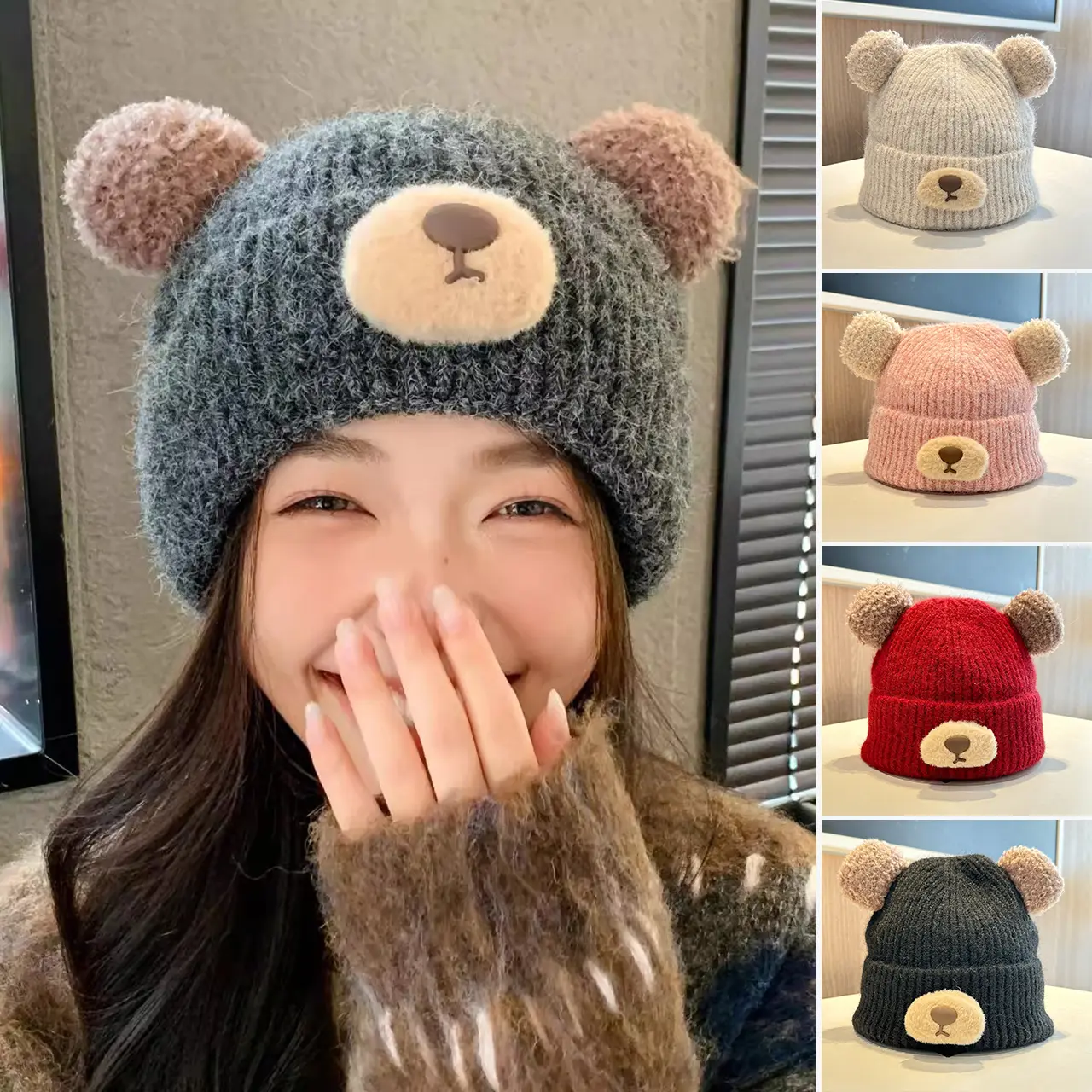 Cute Bear Ear Knitted Hat for Women Winter Warm Wool Beanie Cap Cartoon Crochet Pullover Hats Girls Skullcap
