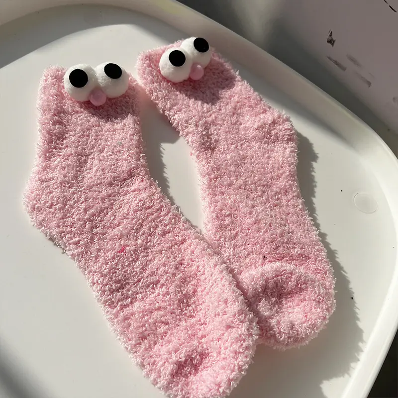 Cartoon Big Eye Socks for Women Kawaii Cute Fluffy Plush Floor Sock Winter Thicken Warm Coral Fleece Female Funny Socks