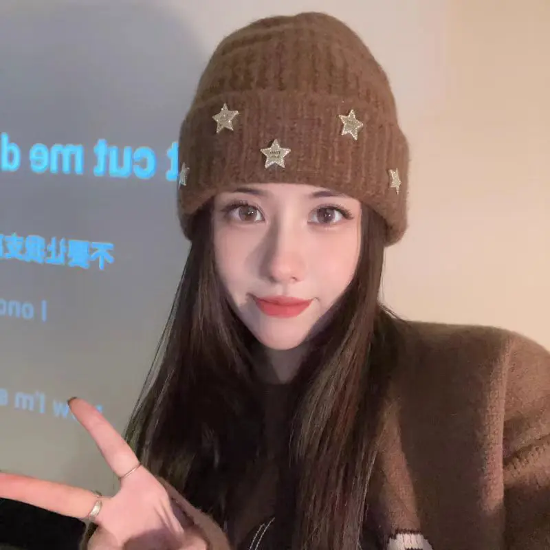 Winter Knit Beanie Cap for Women Korean Metal Star Pullover Hat Solid Color Warm Wool Crochet Skullcap