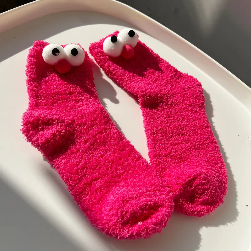 Cartoon Big Eye Socks for Women Kawaii Cute Fluffy Plush Floor Sock Winter Thicken Warm Coral Fleece Female Funny Socks