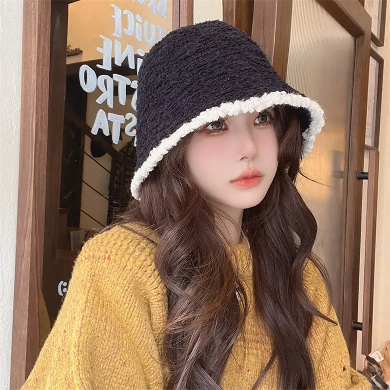 Women Plush Bucket Hat Winter Warm Lamb Fleece Fisherman Cap Outdoor Windproof Warm Fluffy Fur Hats