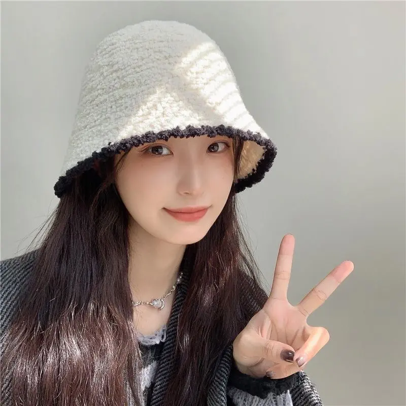 Women Plush Bucket Hat Winter Warm Lamb Fleece Fisherman Cap Outdoor Windproof Warm Fluffy Fur Hats