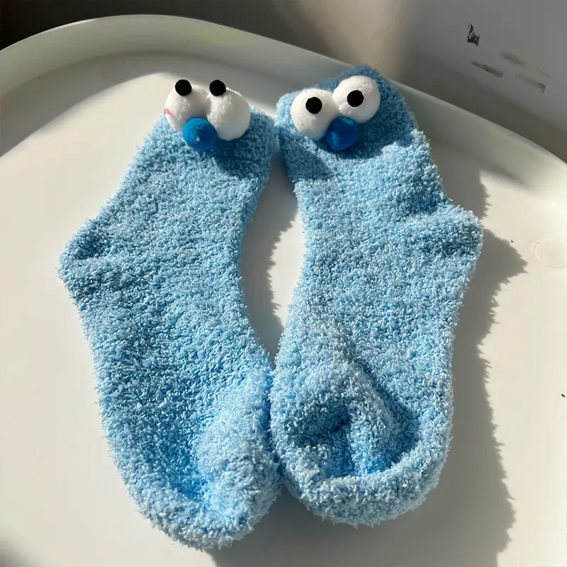 Cartoon Big Eye Socks for Women Kawaii Cute Fluffy Plush Floor Sock Winter Thicken Warm Coral Fleece Female Funny Socks