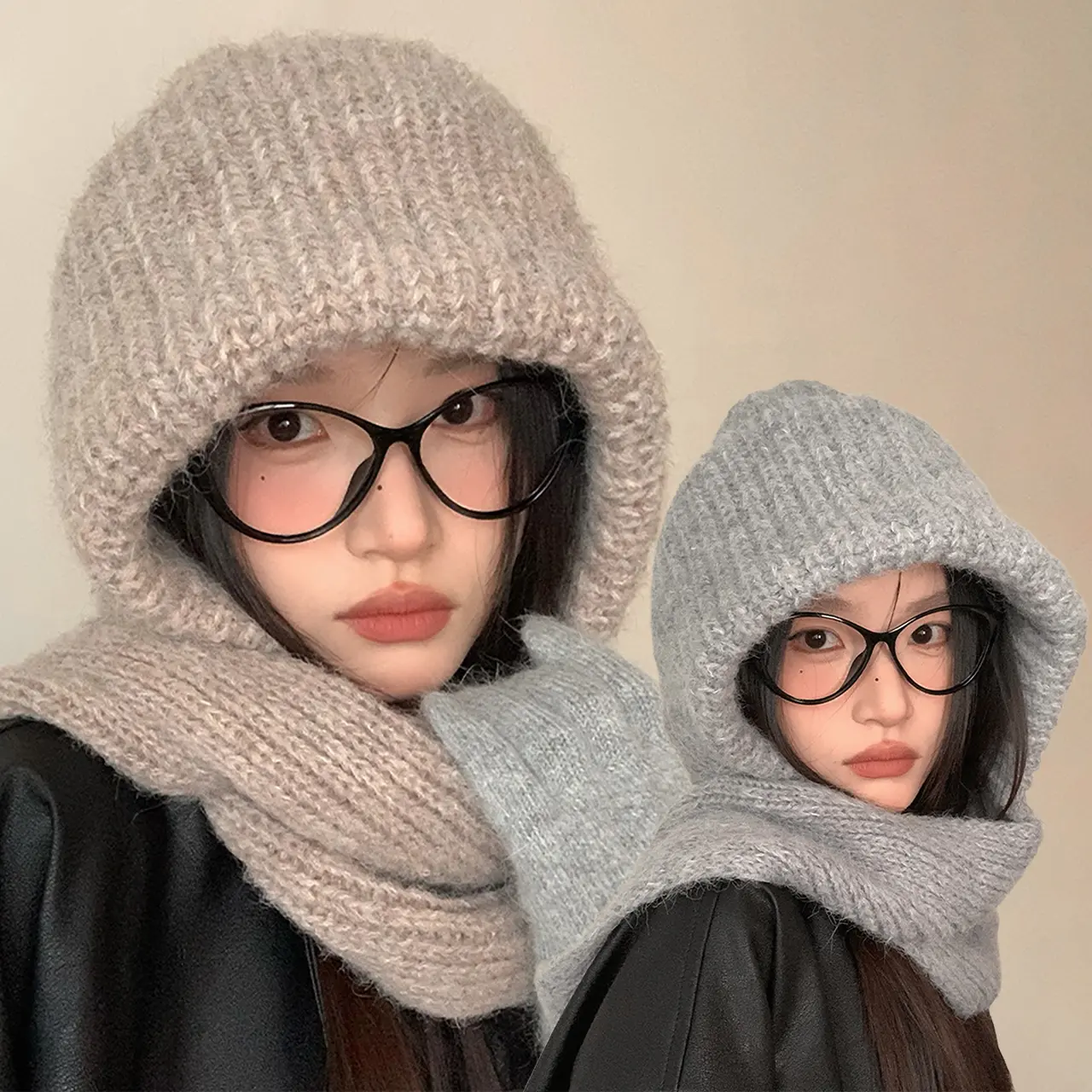Women Balaclava Hat Winter Warm Knitted Hooded Scarf Cap Outdoor Cycling Beanie Caps Solid Color Woolen Ear Protection Caps