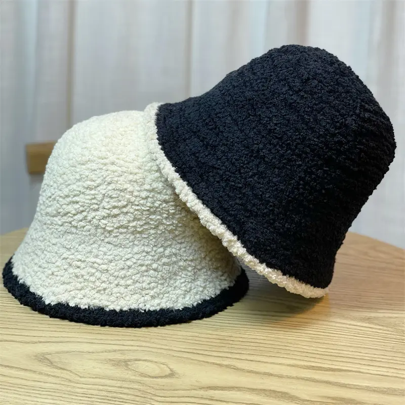 Women Plush Bucket Hat Winter Warm Lamb Fleece Fisherman Cap Outdoor Windproof Warm Fluffy Fur Hats