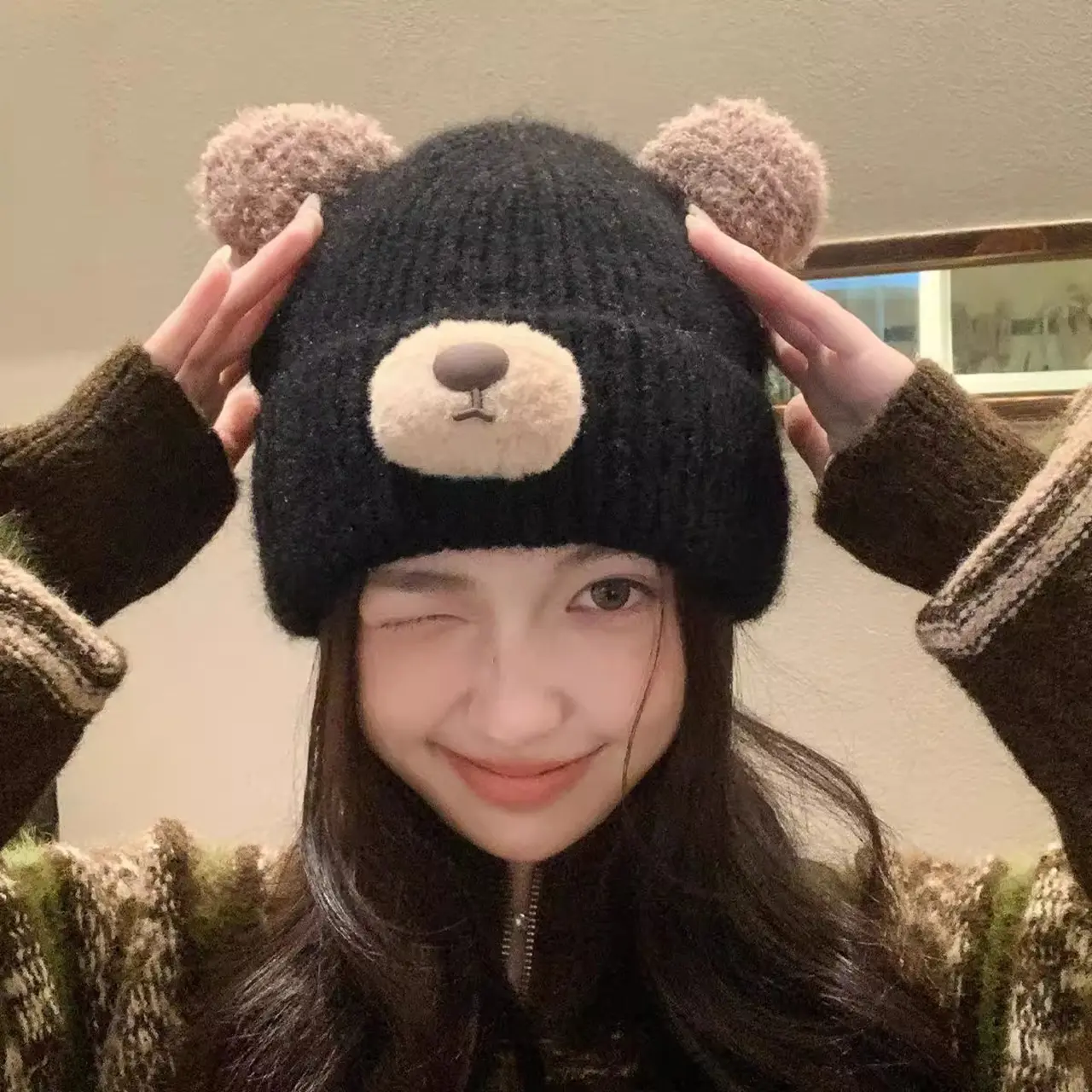 Cute Bear Ear Knitted Hat for Women Winter Warm Wool Beanie Cap Cartoon Crochet Pullover Hats Girls Skullcap