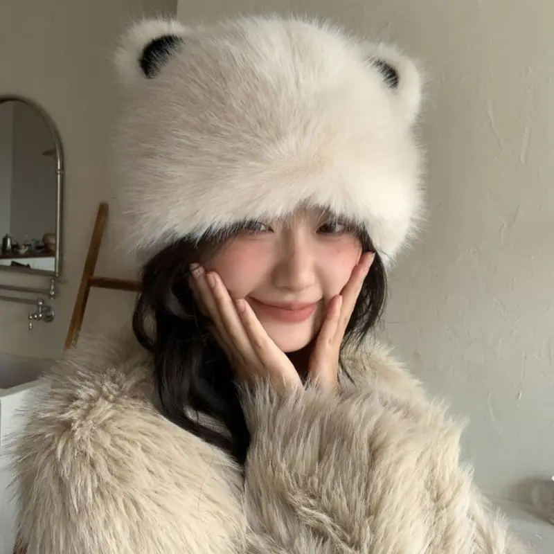 Bear Ear Beanie Hat for Women Winter Fluffy Fur Knitted Cap Thicken Warm Plush Skullcap Cute Cartoon Pullover Caps