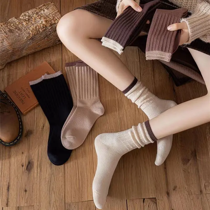 Coffee Color Socks for Women Autumn Winter Knitted Medium Tube Sock Female Girls Vintage Warm Loose Cotton Socks