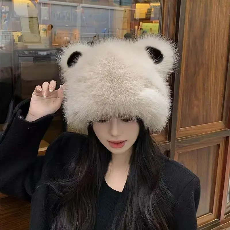 Bear Ear Beanie Hat for Women Winter Fluffy Fur Knitted Cap Thicken Warm Plush Skullcap Cute Cartoon Pullover Caps