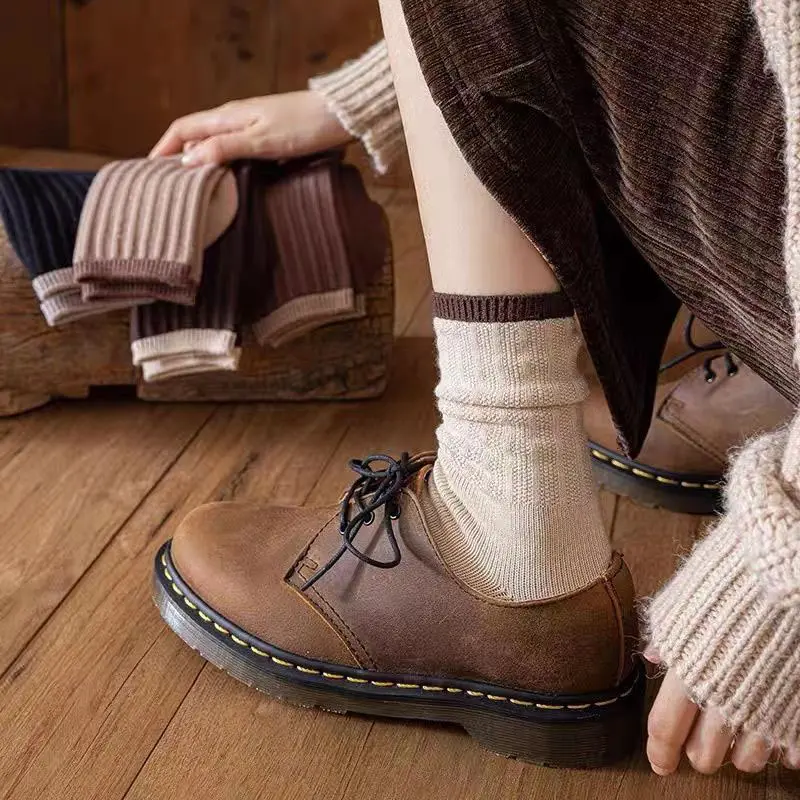 Coffee Color Socks for Women Autumn Winter Knitted Medium Tube Sock Female Girls Vintage Warm Loose Cotton Socks