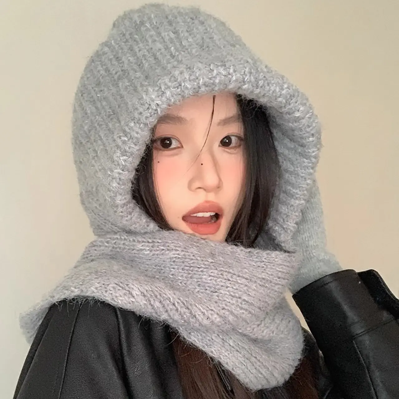 Women Balaclava Hat Winter Warm Knitted Hooded Scarf Cap Outdoor Cycling Beanie Caps Solid Color Woolen Ear Protection Caps