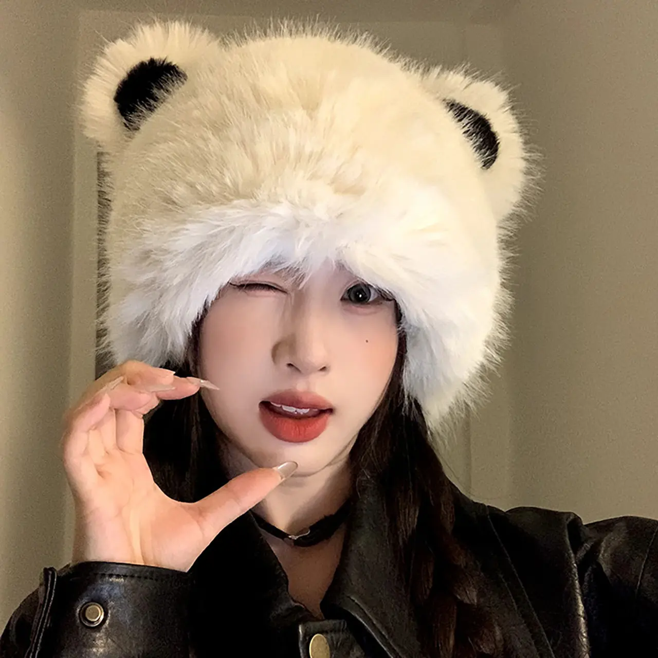 Bear Ear Beanie Hat for Women Winter Fluffy Fur Knitted Cap Thicken Warm Plush Skullcap Cute Cartoon Pullover Caps