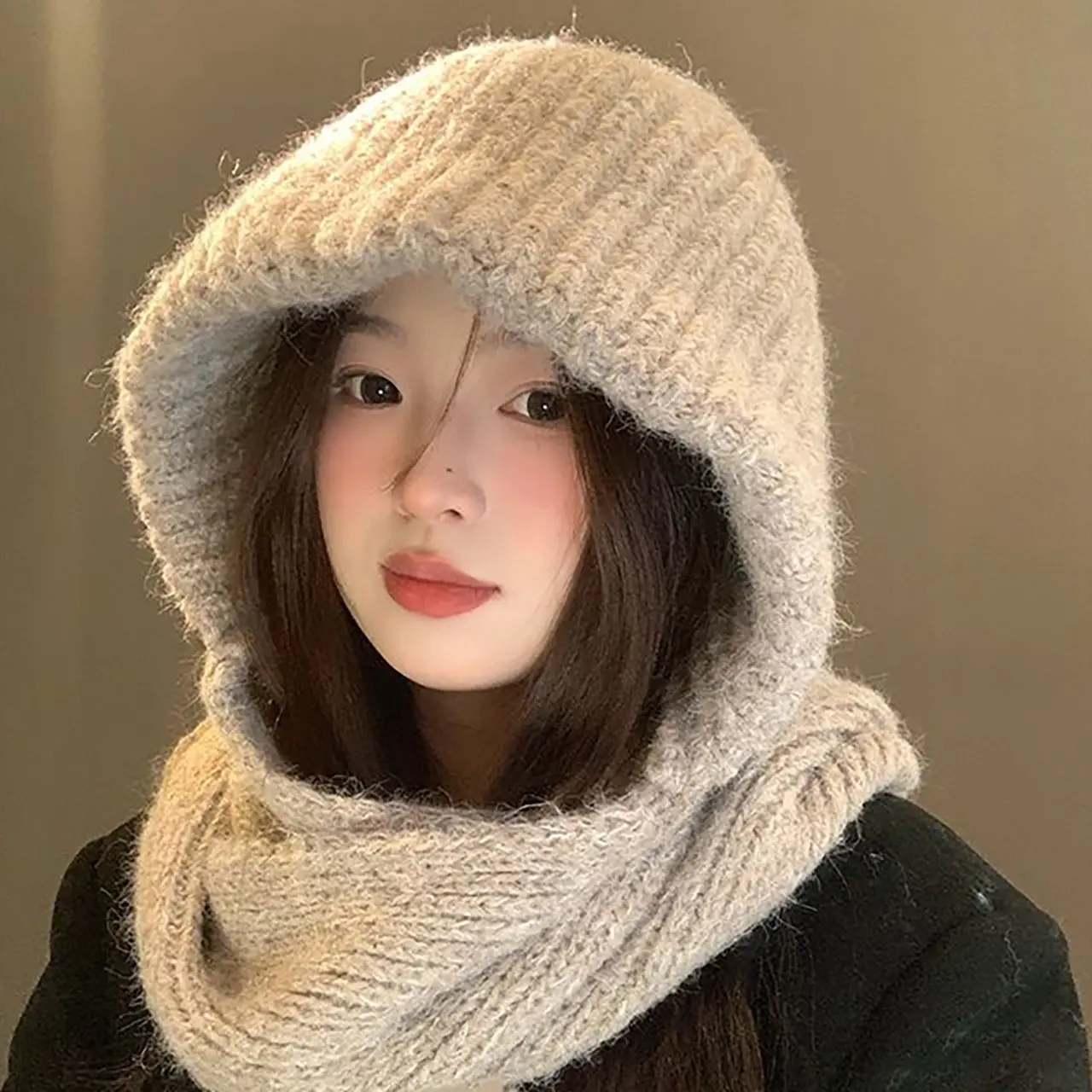 Women Balaclava Hat Winter Warm Knitted Hooded Scarf Cap Outdoor Cycling Beanie Caps Solid Color Woolen Ear Protection Caps