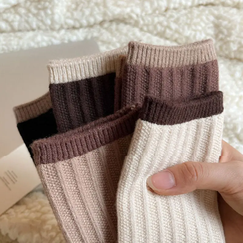 Coffee Color Socks for Women Autumn Winter Knitted Medium Tube Sock Female Girls Vintage Warm Loose Cotton Socks