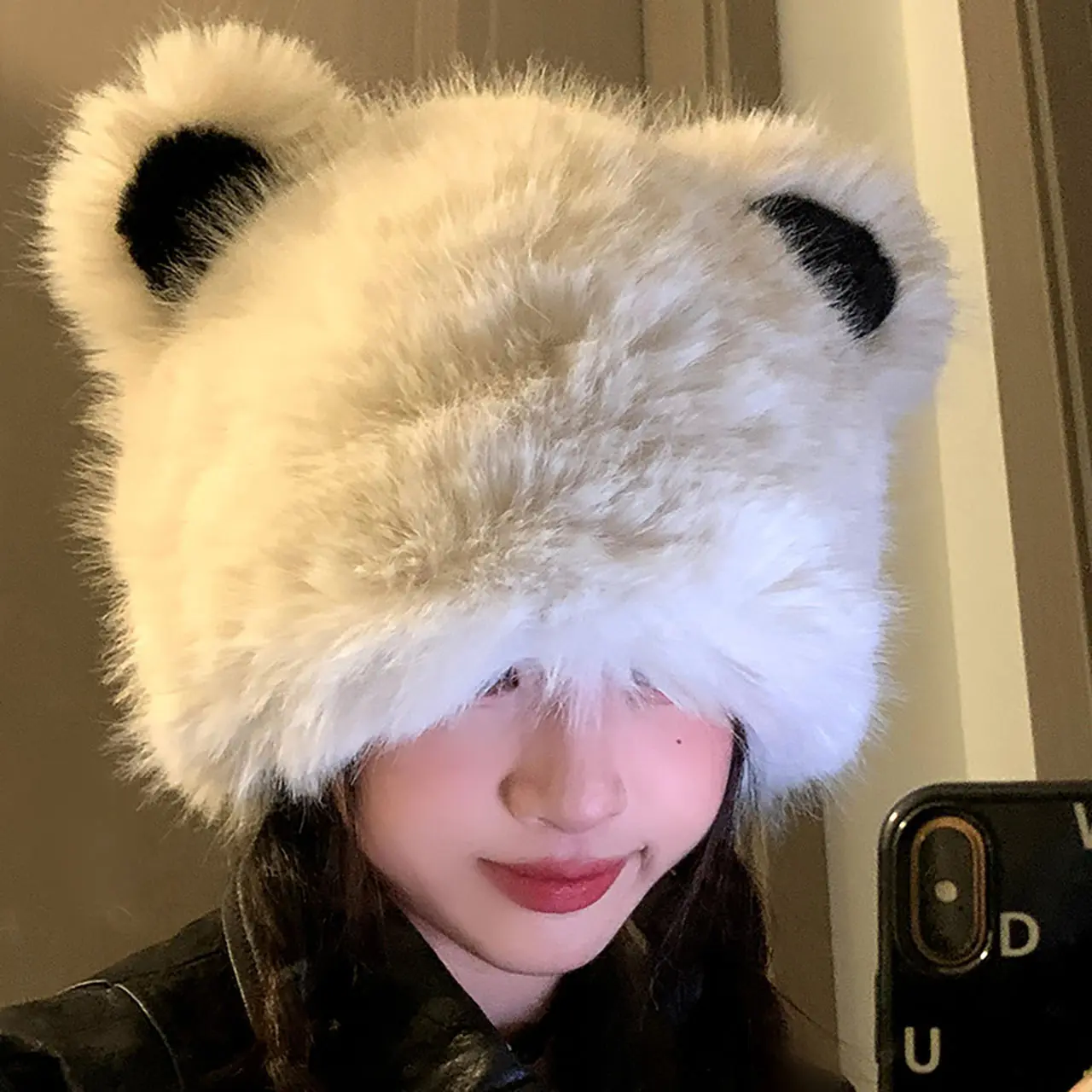 Bear Ear Beanie Hat for Women Winter Fluffy Fur Knitted Cap Thicken Warm Plush Skullcap Cute Cartoon Pullover Caps