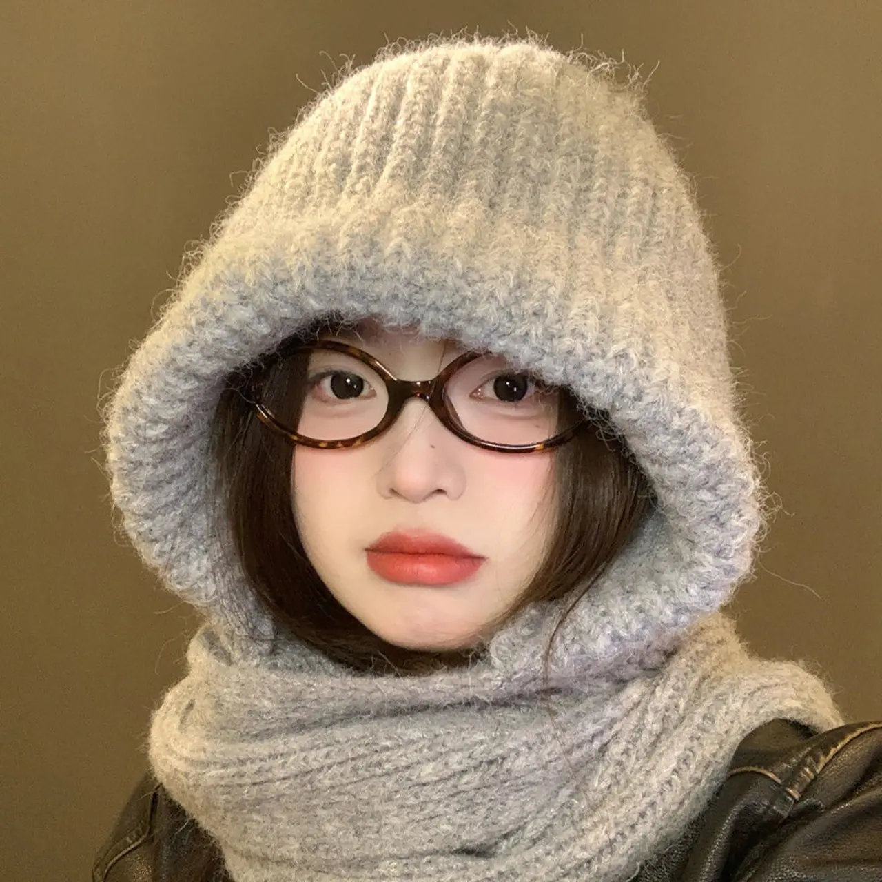 Women Balaclava Hat Winter Warm Knitted Hooded Scarf Cap Outdoor Cycling Beanie Caps Solid Color Woolen Ear Protection Caps