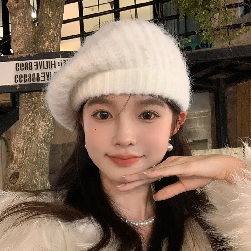 Winter Knit Wool Berets Hat for Women Outdoor Warm Crochet Octagonal Cap Korean Solid Color Painter Artist Hats