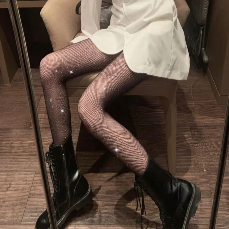 Shiny Rhinestone Fishnet Tights for Women Sexy Sparkly Black Pantyhose Female Slim Mesh Nylon Stockings Hosiery