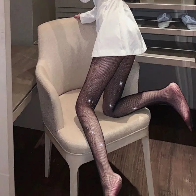 Shiny Rhinestone Fishnet Tights for Women Sexy Sparkly Black Pantyhose Female Slim Mesh Nylon Stockings Hosiery