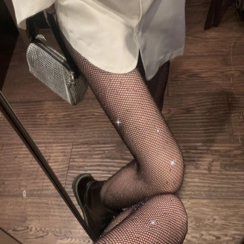 Shiny Rhinestone Fishnet Tights for Women Sexy Sparkly Black Pantyhose Female Slim Mesh Nylon Stockings Hosiery