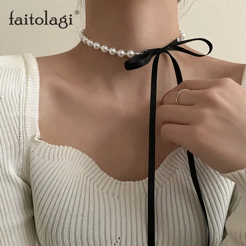 Sweet Bowknot Pearl Necklace For Ladies Elegant Ribbon Girls Clavicle Collar Chain Korean Style Adjustable Choker Jewelry Women