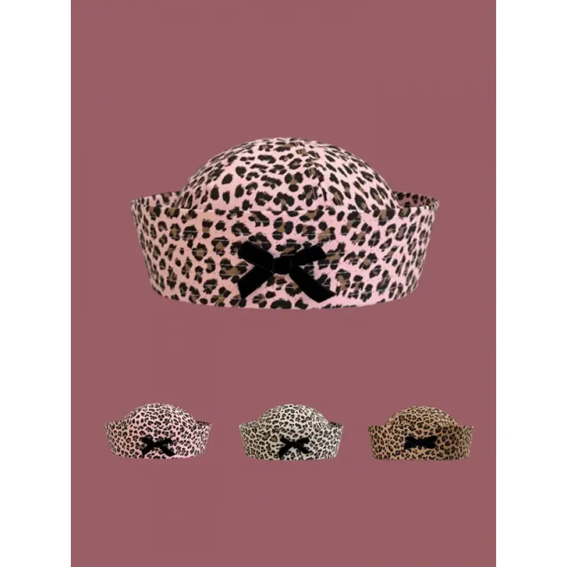 2024 Bow Leopard Print Sailor Hat Women Retro Spicy Girl Flip Brim Beret Sweet And Cute face Revealing Small Hat