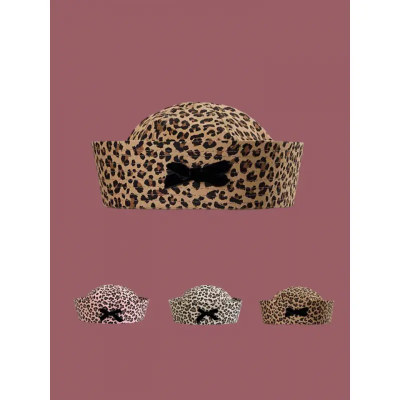 2024 Bow Leopard Print Sailor Hat Women Retro Spicy Girl Flip Brim Beret Sweet And Cute face Revealing Small Hat