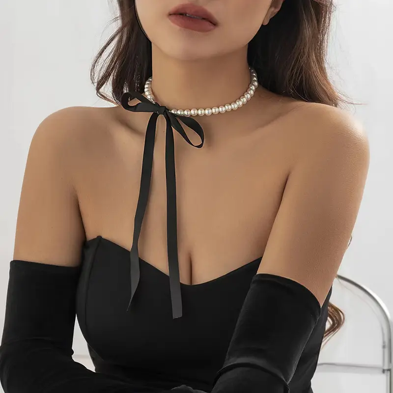 Sweet Bowknot Pearl Necklace For Ladies Elegant Ribbon Girls Clavicle Collar Chain Korean Style Adjustable Choker Jewelry Women