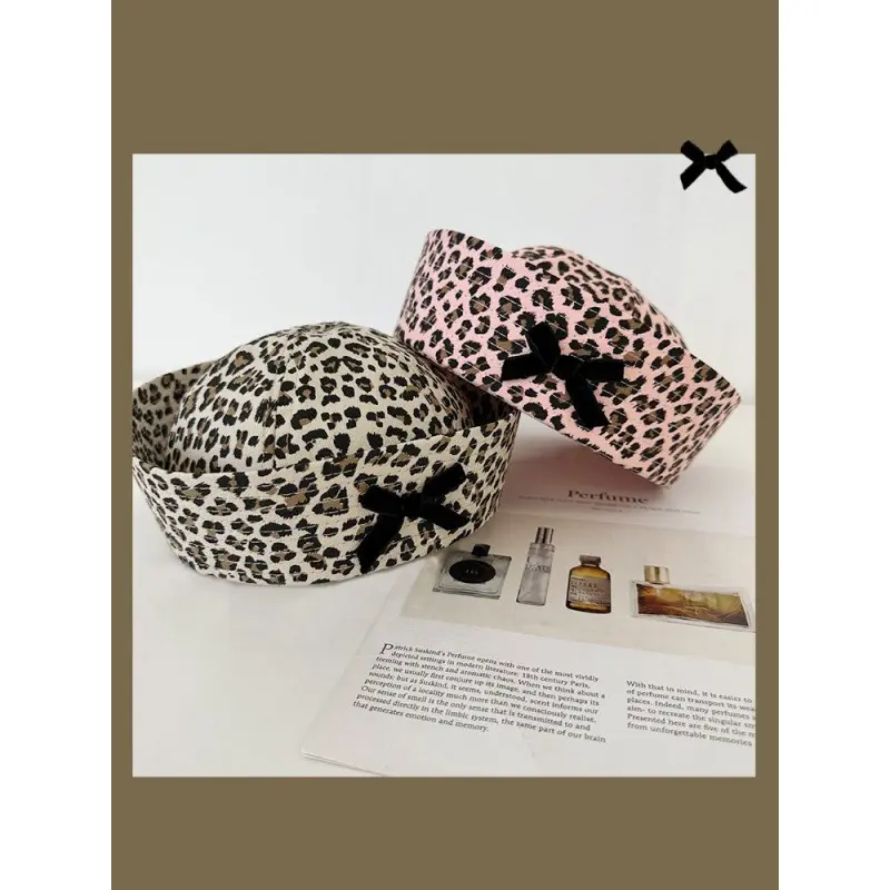 2024 Bow Leopard Print Sailor Hat Women Retro Spicy Girl Flip Brim Beret Sweet And Cute face Revealing Small Hat