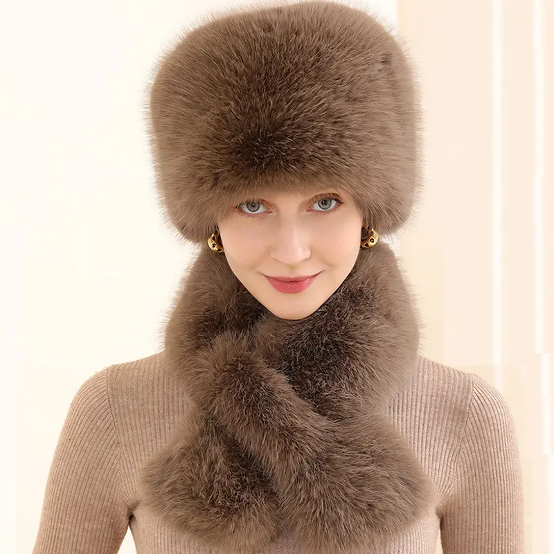 Imitation Fox Fur Grass Hat Scarf Set For Autumn And Winter Outdoor Warm Ear Protection Fisherman Hat Plush Two-Piece Set