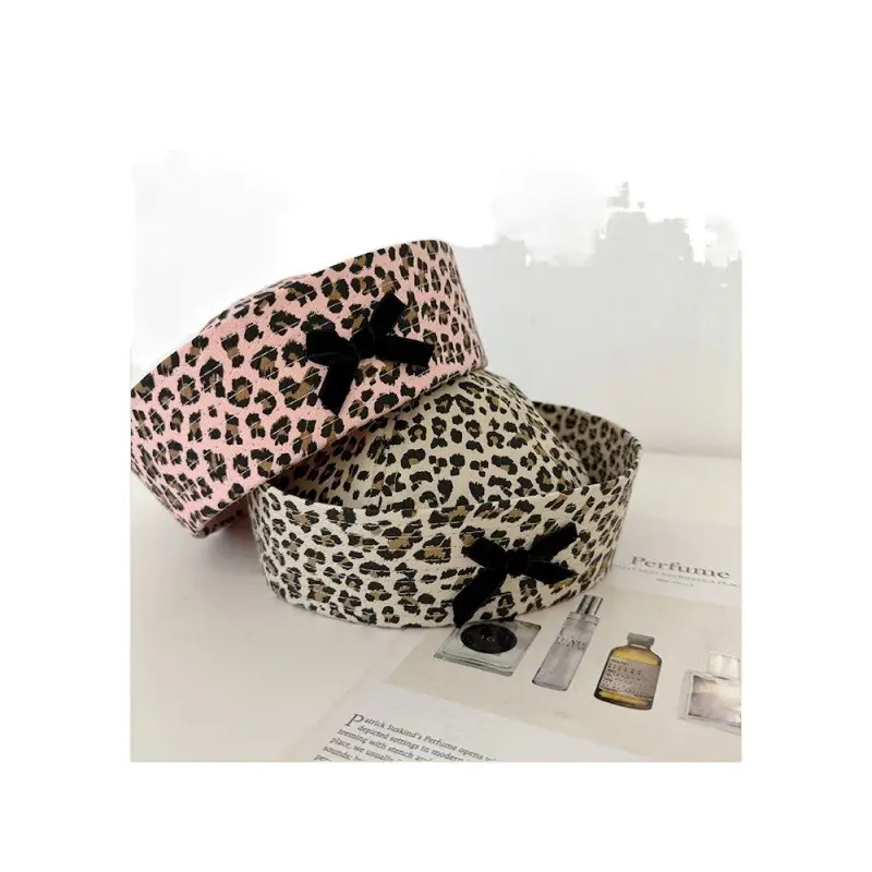 2024 Bow Leopard Print Sailor Hat Women Retro Spicy Girl Flip Brim Beret Sweet And Cute face Revealing Small Hat