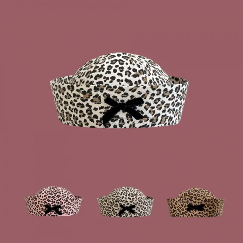2024 Bow Leopard Print Sailor Hat Women Retro Spicy Girl Flip Brim Beret Sweet And Cute face Revealing Small Hat