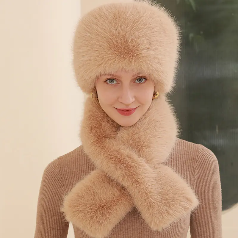 Imitation Fox Fur Grass Hat Scarf Set For Autumn And Winter Outdoor Warm Ear Protection Fisherman Hat Plush Two-Piece Set