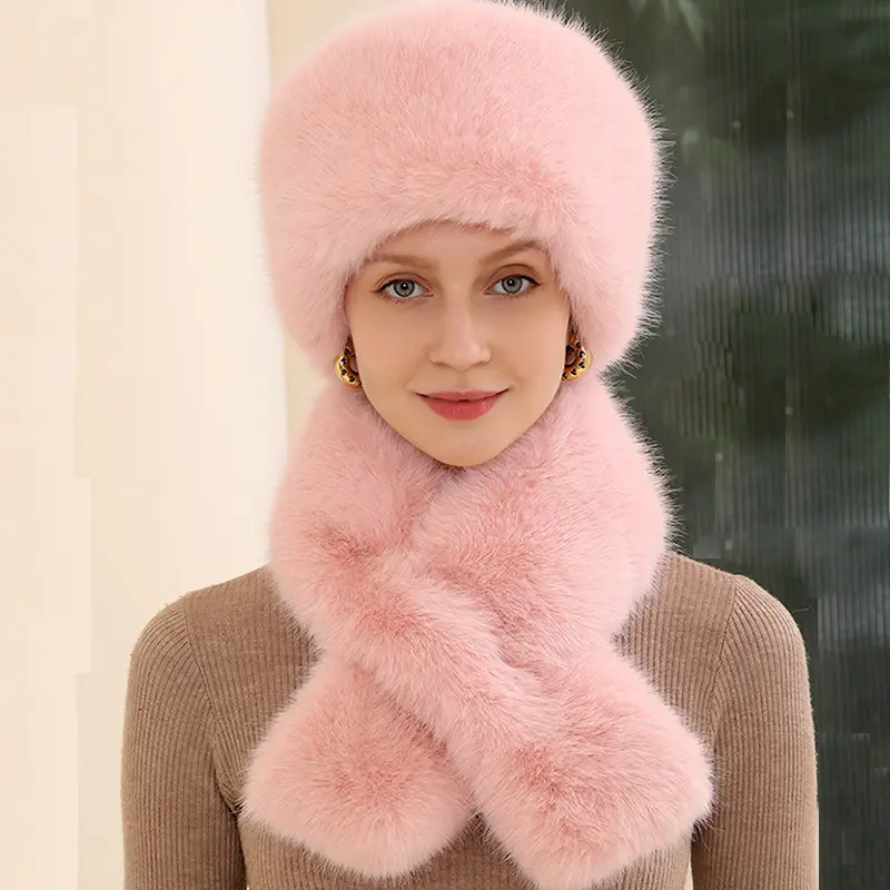 Imitation Fox Fur Grass Hat Scarf Set For Autumn And Winter Outdoor Warm Ear Protection Fisherman Hat Plush Two-Piece Set