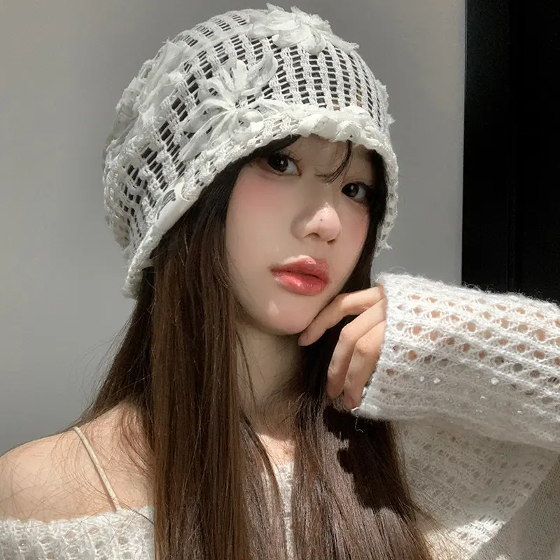 Spring Summer New Korean Crochet Pullover Hats Women Outdoor Travel Fashionable Versatile Sweet Hollow Breathable Beanies Cap