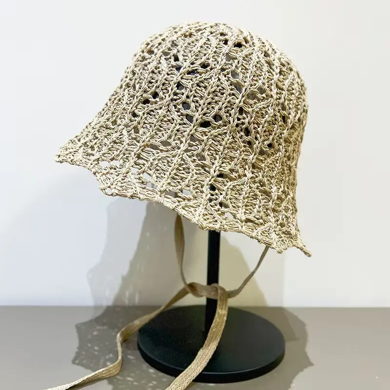 Japanese Hollowed Out Knitted Lace Up Fisherman Hat For Spring And Summer Sun Shading And Sun Protection, Breathable Bucket Hat