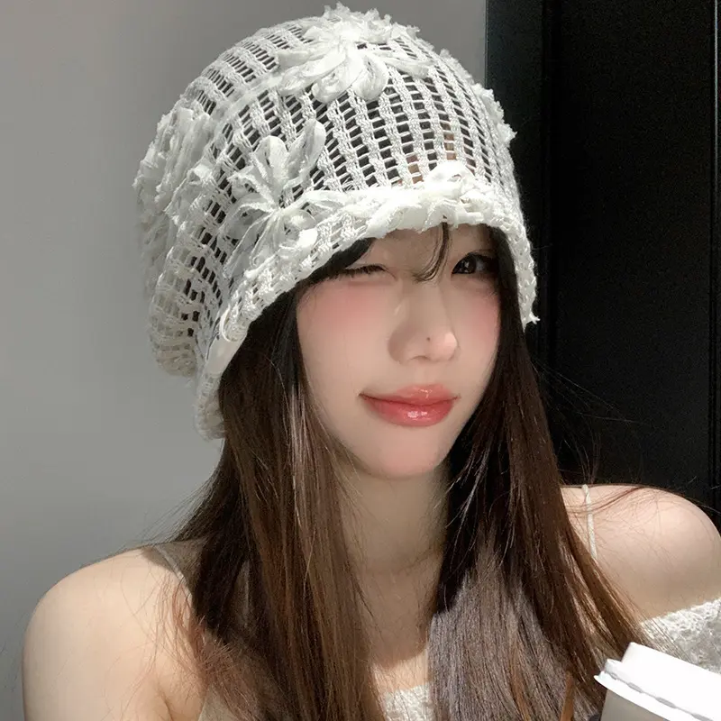 Spring Summer New Korean Crochet Pullover Hats Women Outdoor Travel Fashionable Versatile Sweet Hollow Breathable Beanies Cap