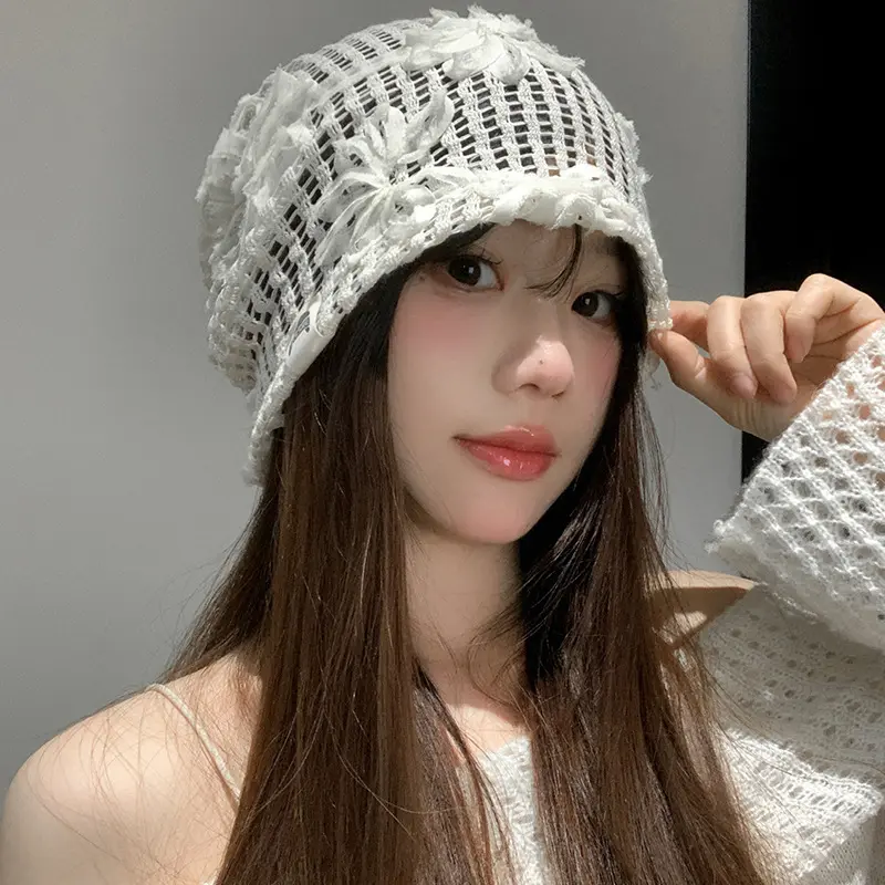 Spring Summer New Korean Crochet Pullover Hats Women Outdoor Travel Fashionable Versatile Sweet Hollow Breathable Beanies Cap