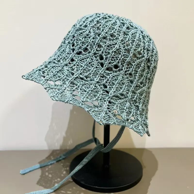 Japanese Hollowed Out Knitted Lace Up Fisherman Hat For Spring And Summer Sun Shading And Sun Protection, Breathable Bucket Hat