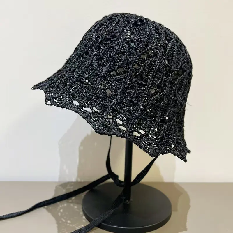 Japanese Hollowed Out Knitted Lace Up Fisherman Hat For Spring And Summer Sun Shading And Sun Protection, Breathable Bucket Hat