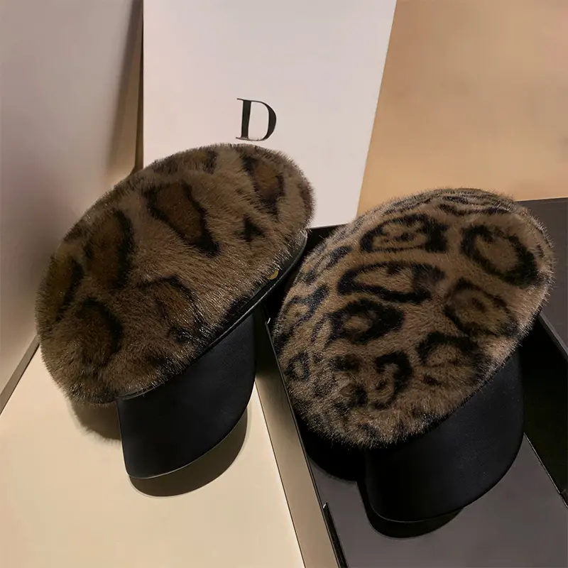Autumn And Winter Mink Fur Newsboy Hat Leather Patchwork Leopard Print Beret Retro Warm Versatile Duckbill Cap
