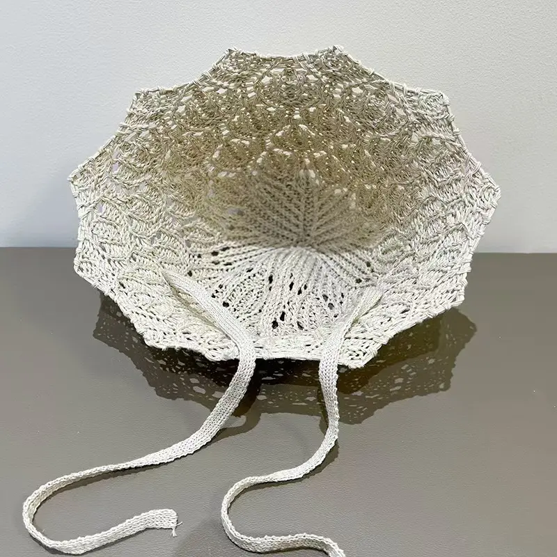 Japanese Hollowed Out Knitted Lace Up Fisherman Hat For Spring And Summer Sun Shading And Sun Protection, Breathable Bucket Hat