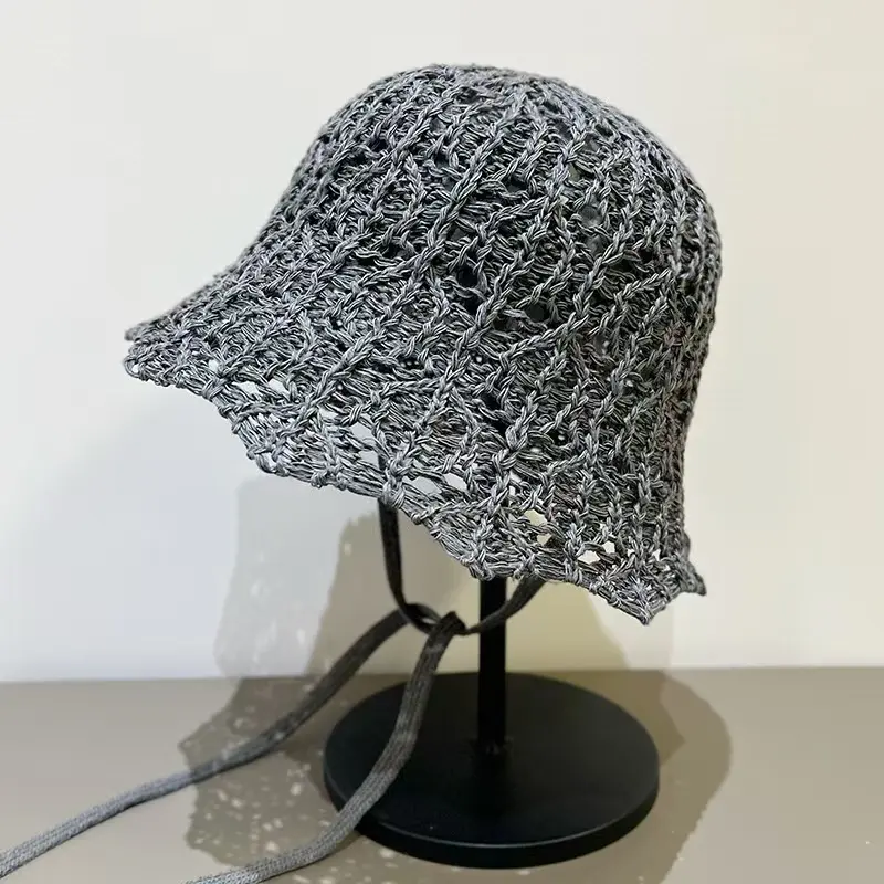 Japanese Hollowed Out Knitted Lace Up Fisherman Hat For Spring And Summer Sun Shading And Sun Protection, Breathable Bucket Hat