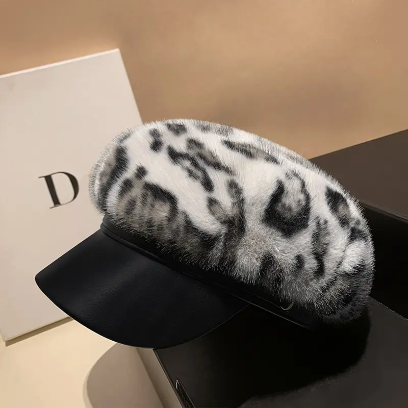 Autumn And Winter Mink Fur Newsboy Hat Leather Patchwork Leopard Print Beret Retro Warm Versatile Duckbill Cap